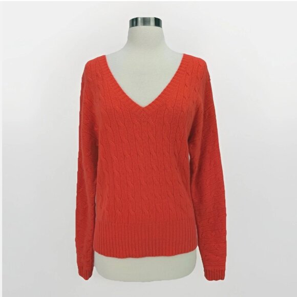 Orange Ralph Lauren Black Label Cashmere Sweater Cable Knit V-Neck Preppy Luxury - Picture 1 of 14